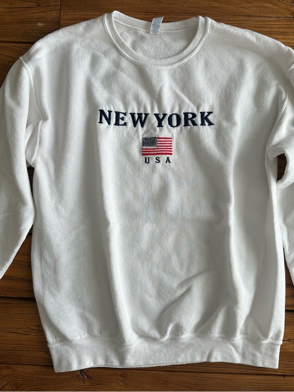 Jerzees White Crewneck Sweatshirt with Navy "NEW YORK" Embroidery